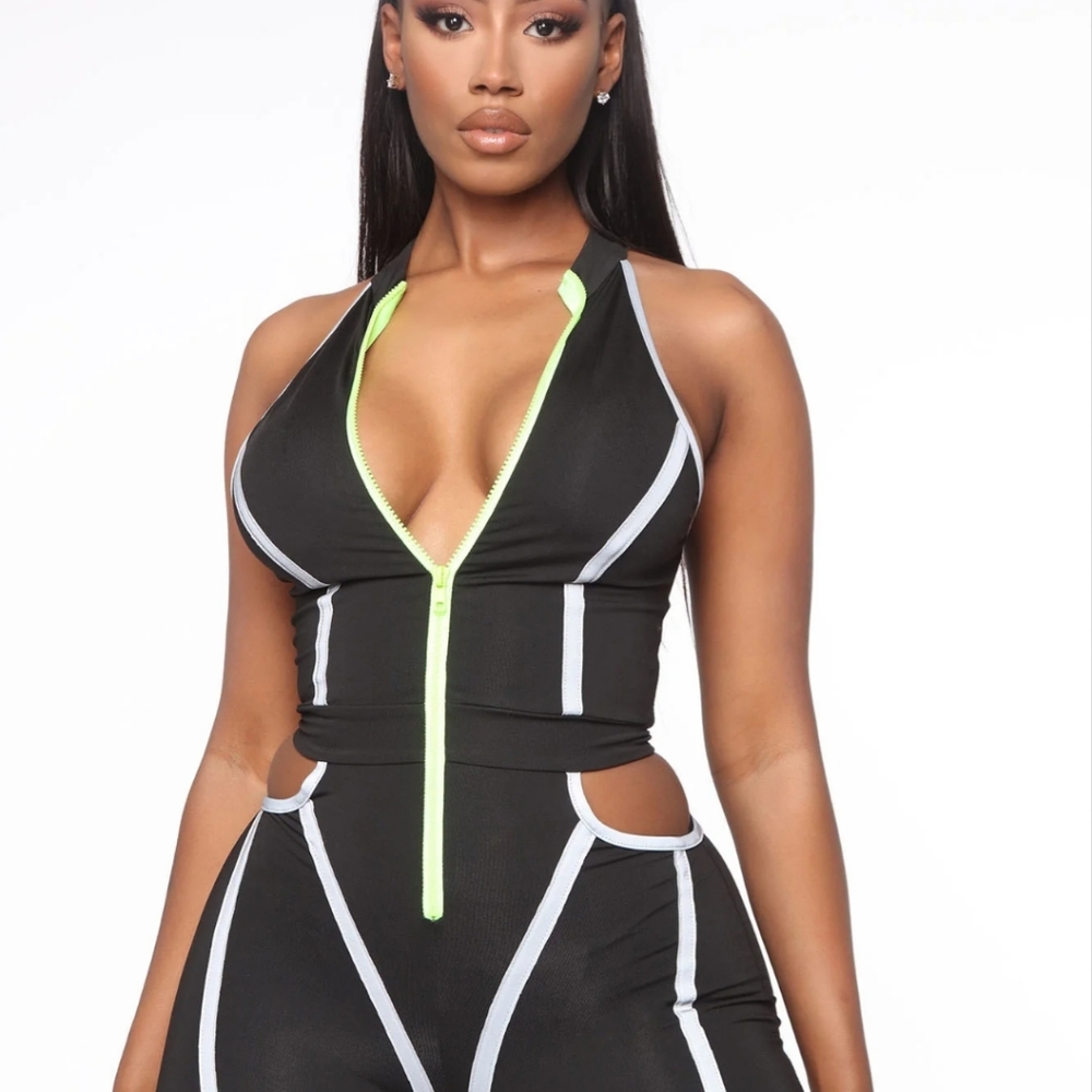 Fashion Nova Black Halter Jumpsuit with Neon Green Zipper and White Piping